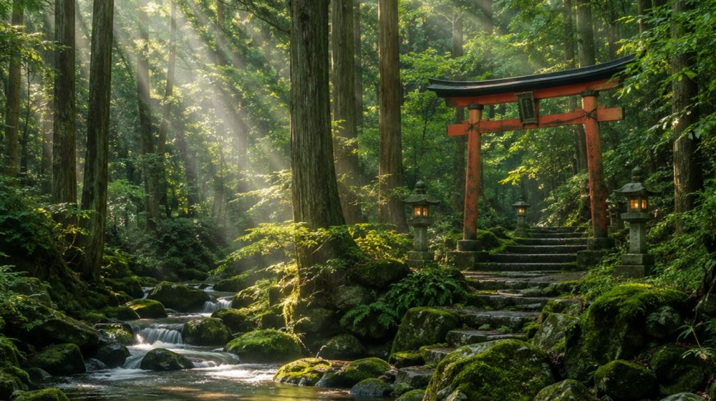 Fredfyldt japansk skov med frodig natur og smukke omgivelser