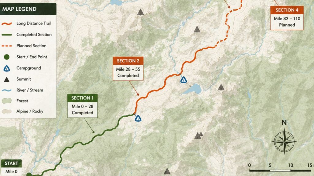 Kort, der illustrerer princippet bag section hiking