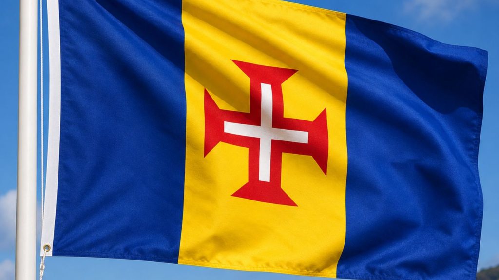 Madeiras officielle flag med det ikoniske kors i midten