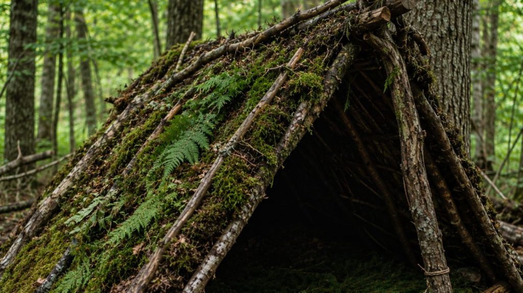 Simpelt shelter bygget af naturlige materialer fra skoven