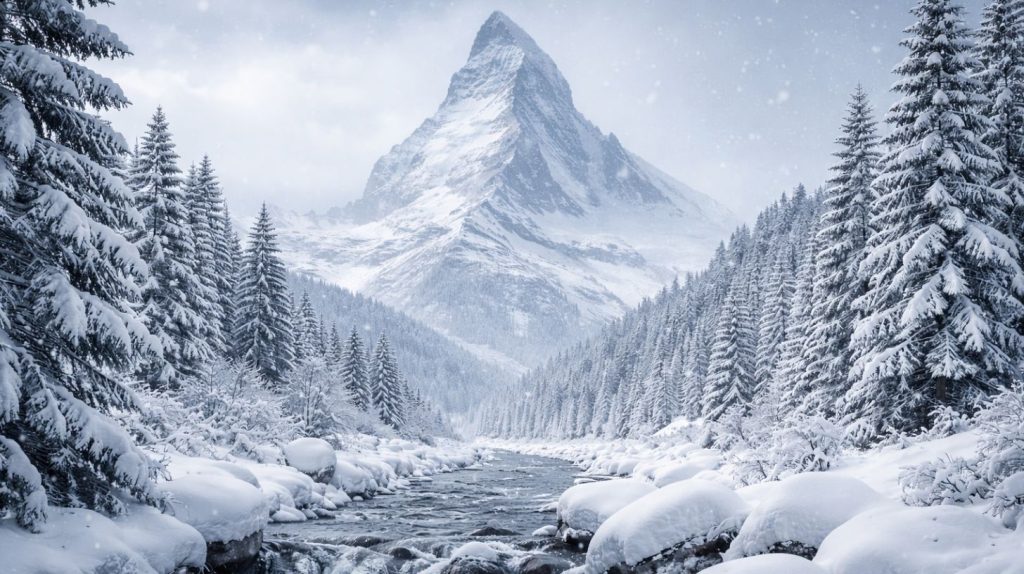 et højt bjerg set i snevejr