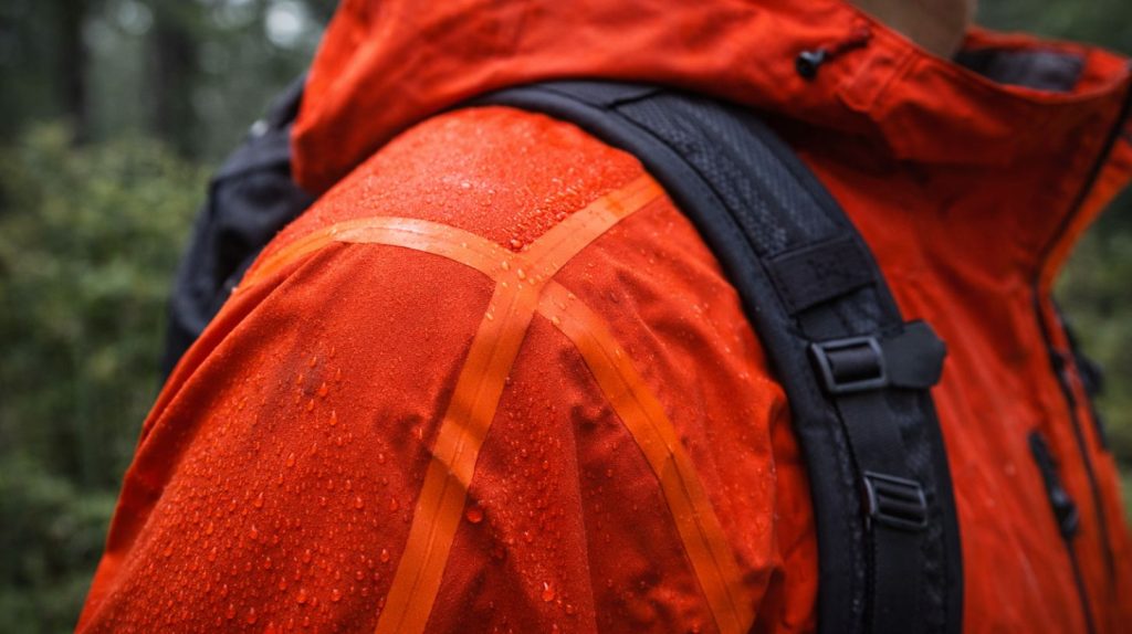 orange jakke med tapede sømme som der falder regn på