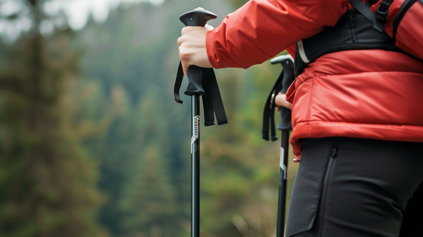 person som holder et par vandrestave ude i naturen