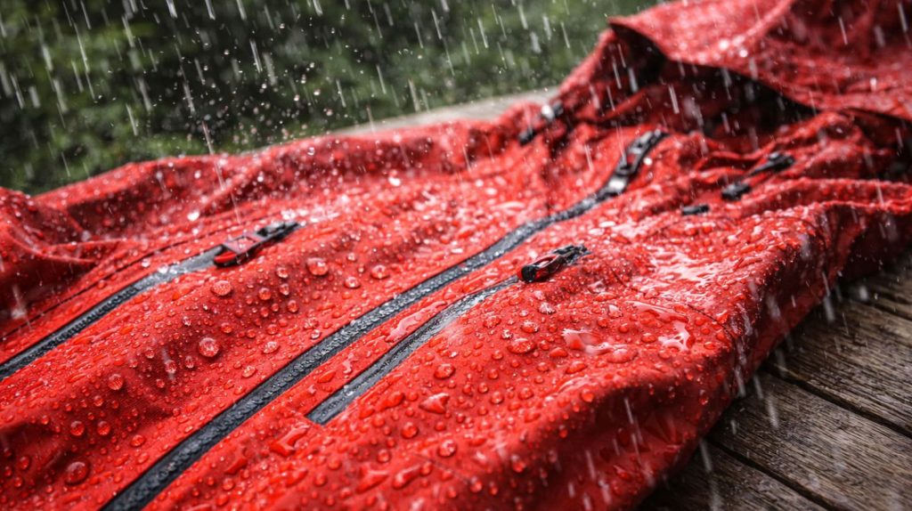 rød jakke med dwr behandling som der falder regn på